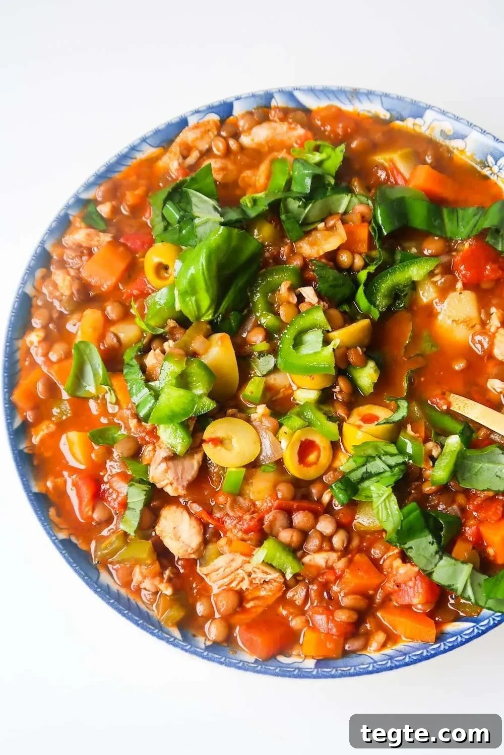 Ready to enjoy lentil chicken soup with fresh herbs.