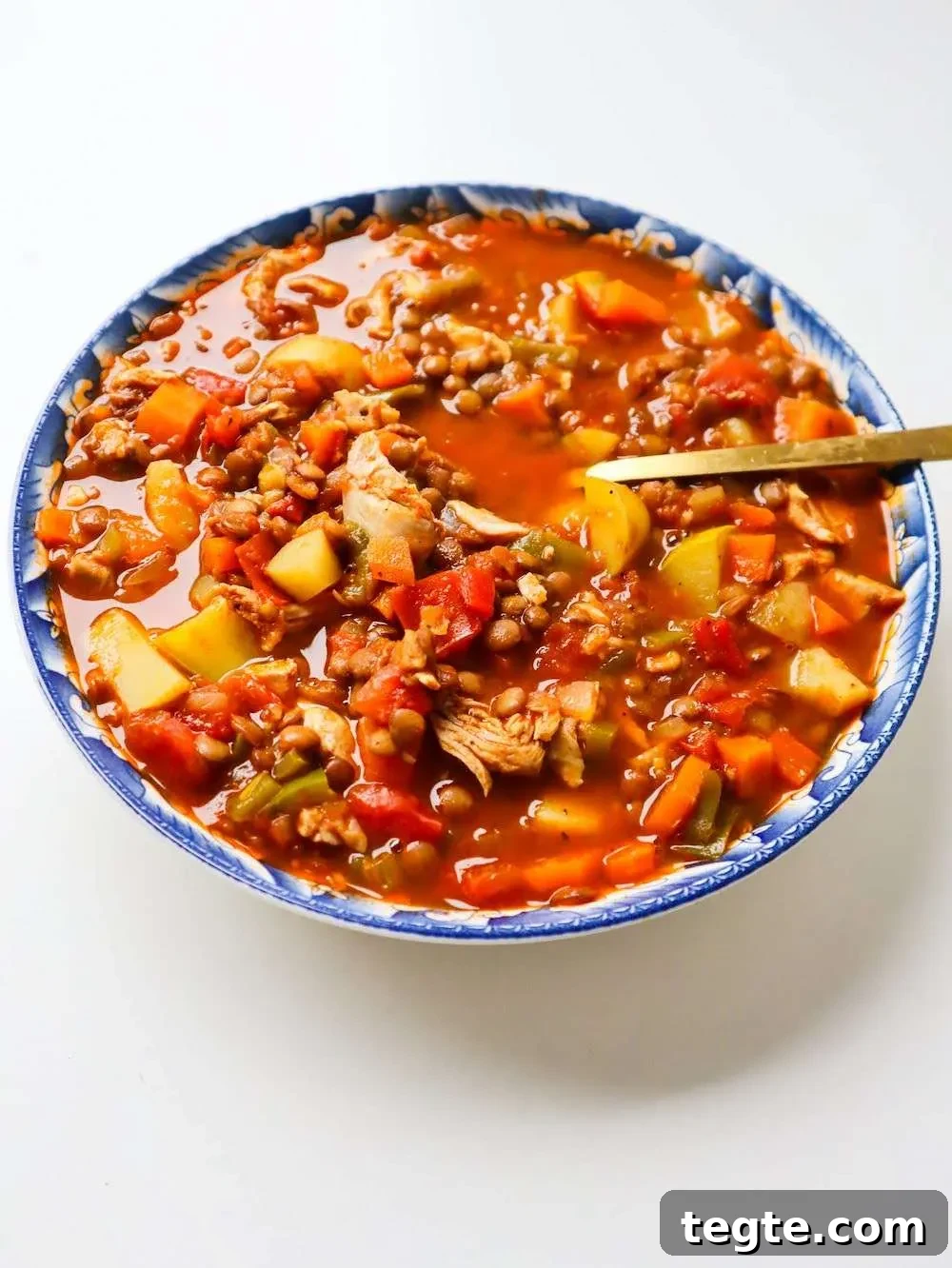 Easy healthy lentil chicken soup made with chicken, lentils and lots of vegetables—high-protein, high-fiber and full of flavor.