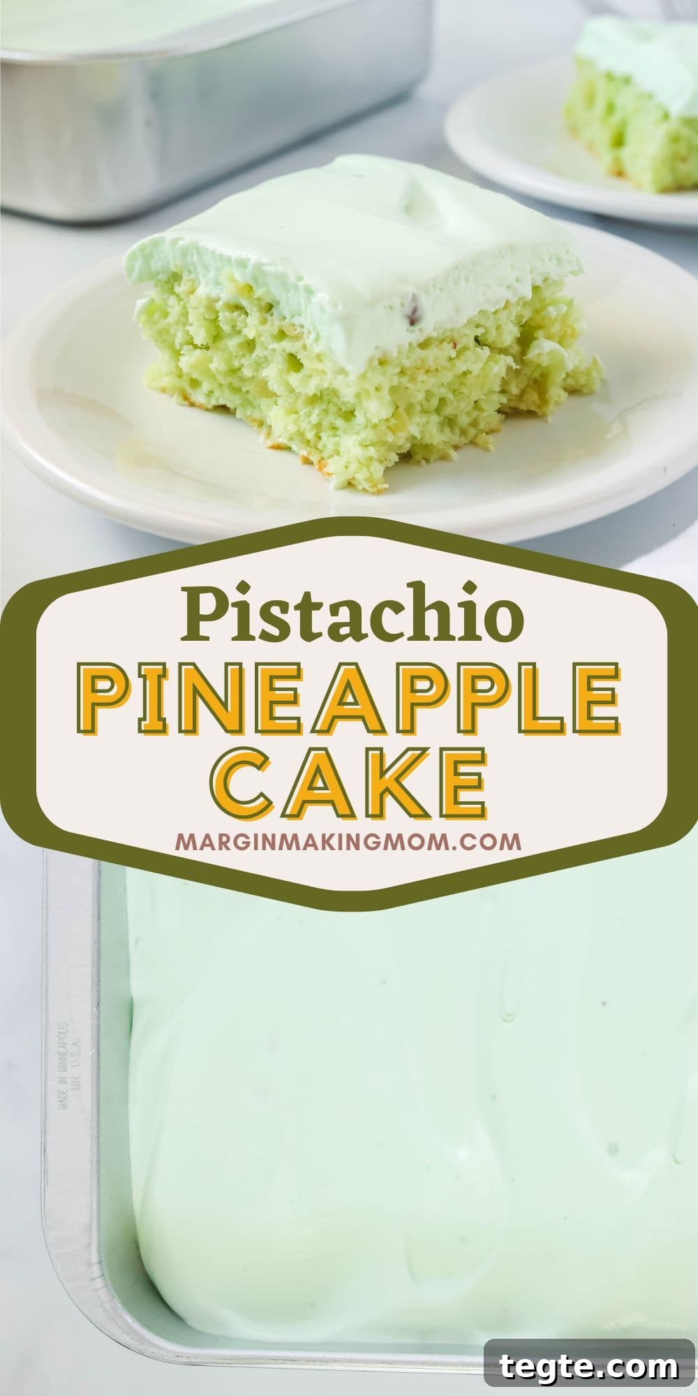 two photos; one shows a slice of pistachio pineapple cake on a white plate, the other shows an overhead view of the cake in the pan.