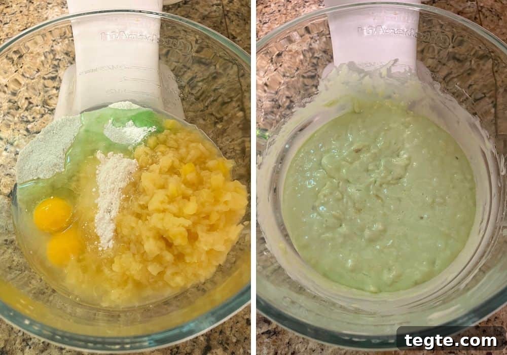 two photos; one shows all ingredients for pineapple pistachio cake in a mixing bowl; the other shows the batter after it's been mixed together.