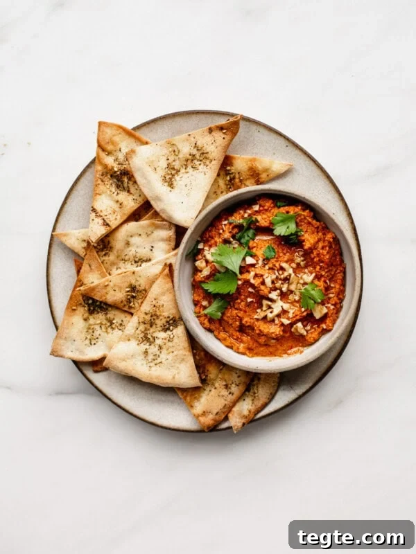a ceramic plate with pita chips on it and a bowl of roasted red pepper dip