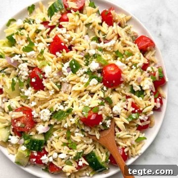 Mediterranean Orzo Salad with Lemon Herb Vinaigrette 8 plate of orzo salad with spoon sticking out of it.