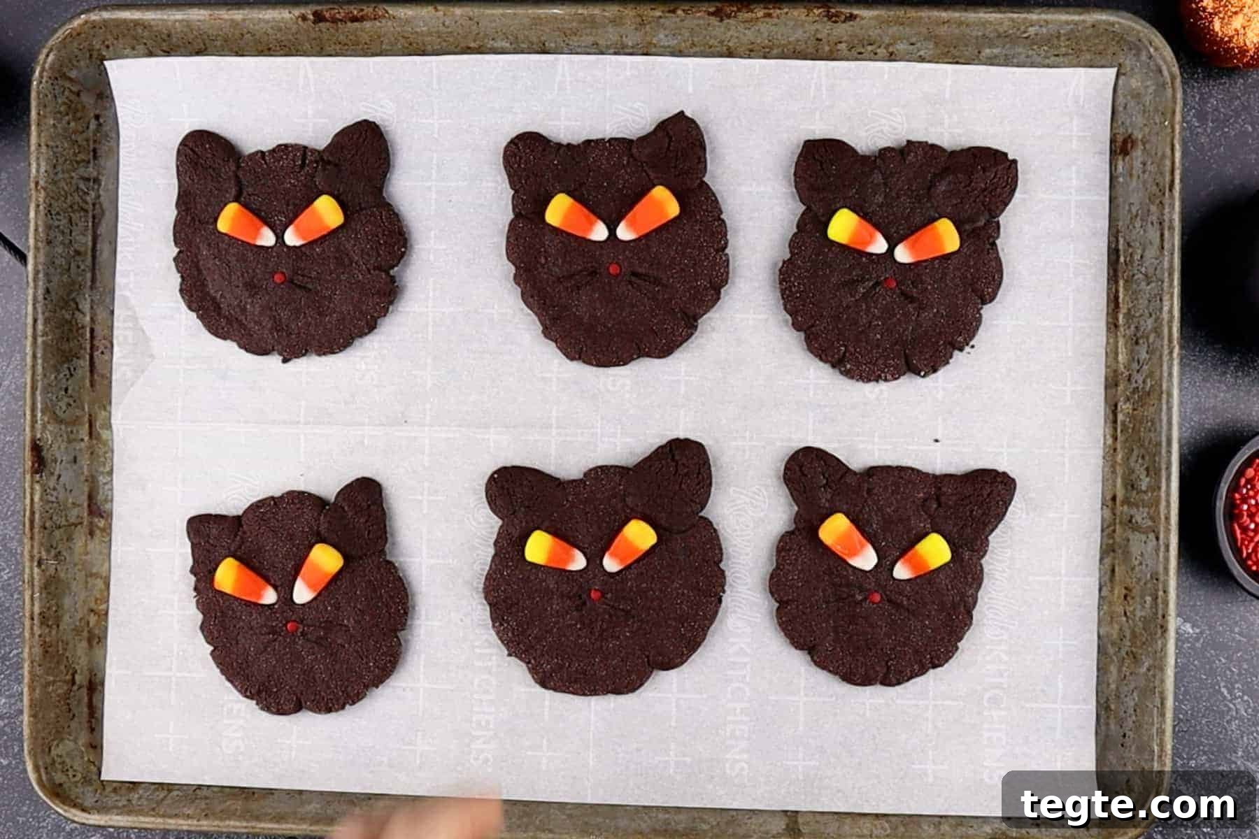Black Cat Cookie Recipe: Soft Chocolate Drops for Halloween 13 black cat cookies are decorated and cooling on a baking sheet.