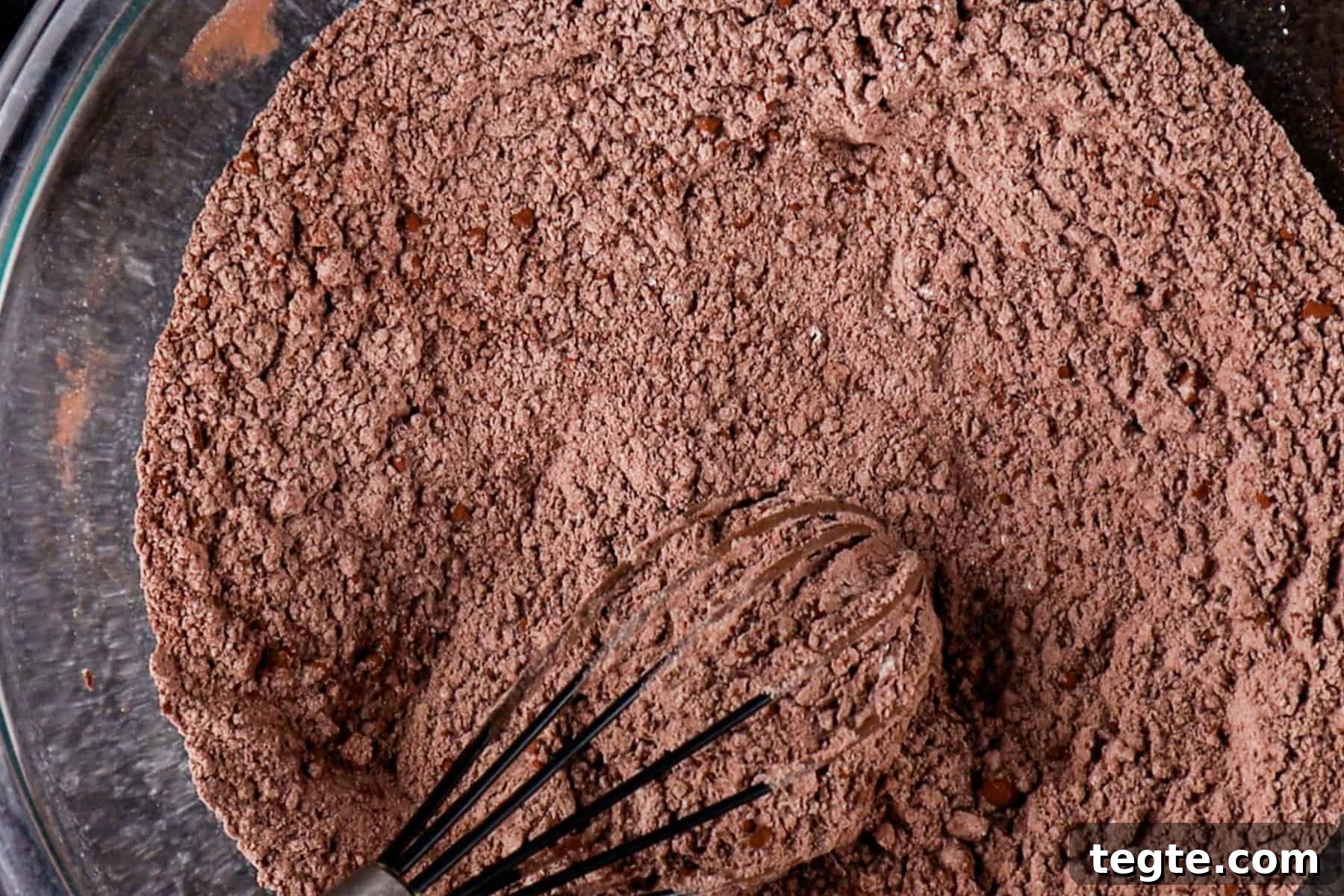 Black Cat Cookie Recipe: Soft Chocolate Drops for Halloween 5 dry ingredients mixed in clear glass bowl.