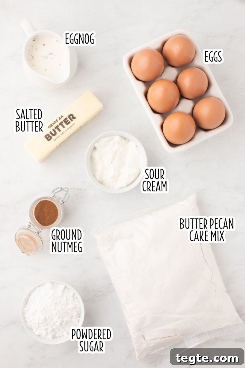 ingredients to make eggnog cake with text labels