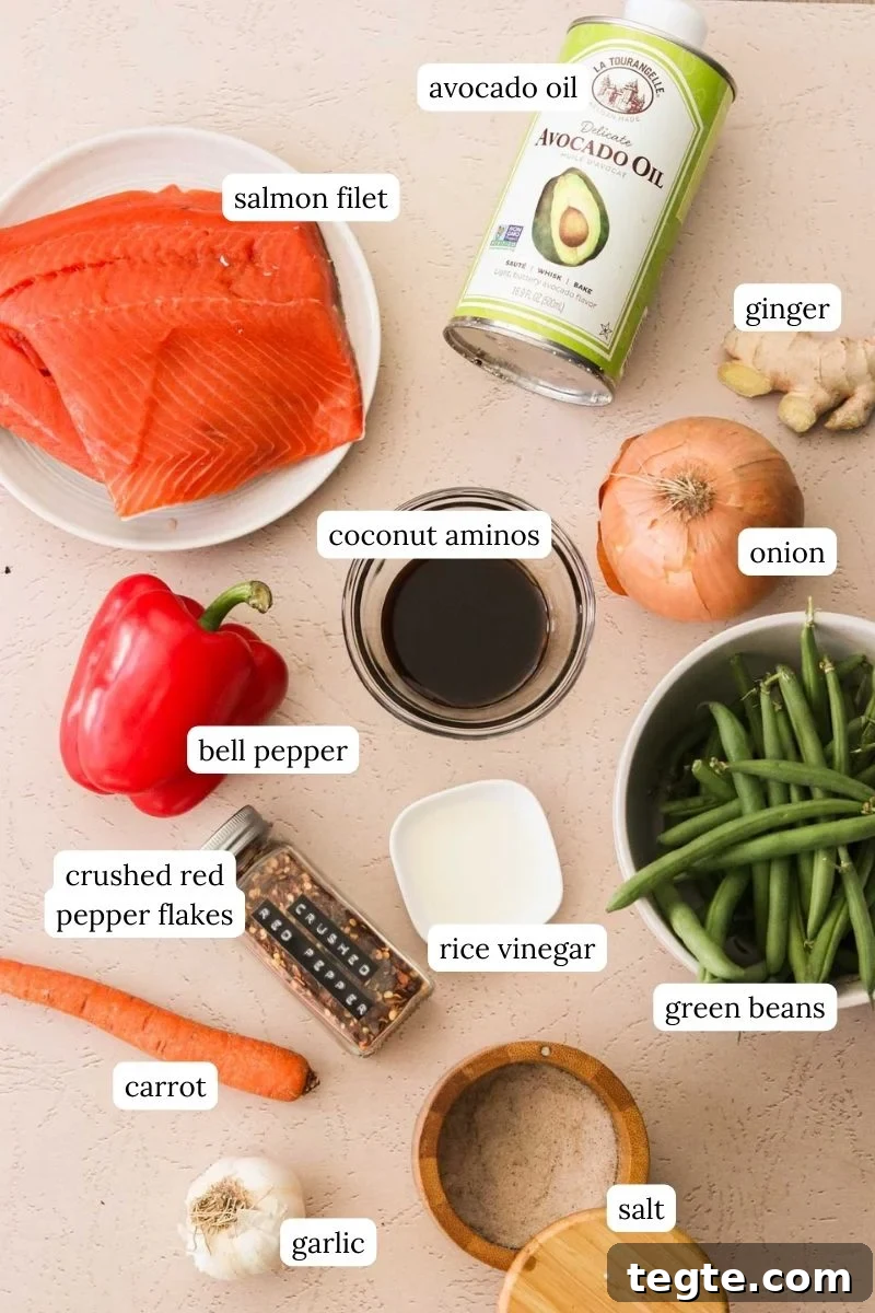Quick Asian Salmon Stir-Fry with Garlic Soy Glaze 3 a photo of recipe ingredients labeled