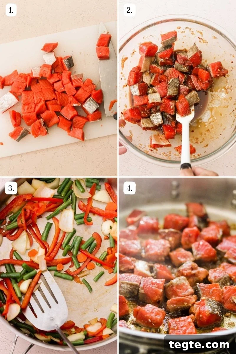 Quick Asian Salmon Stir-Fry with Garlic Soy Glaze 4 step by step photos showing how to make this recipe