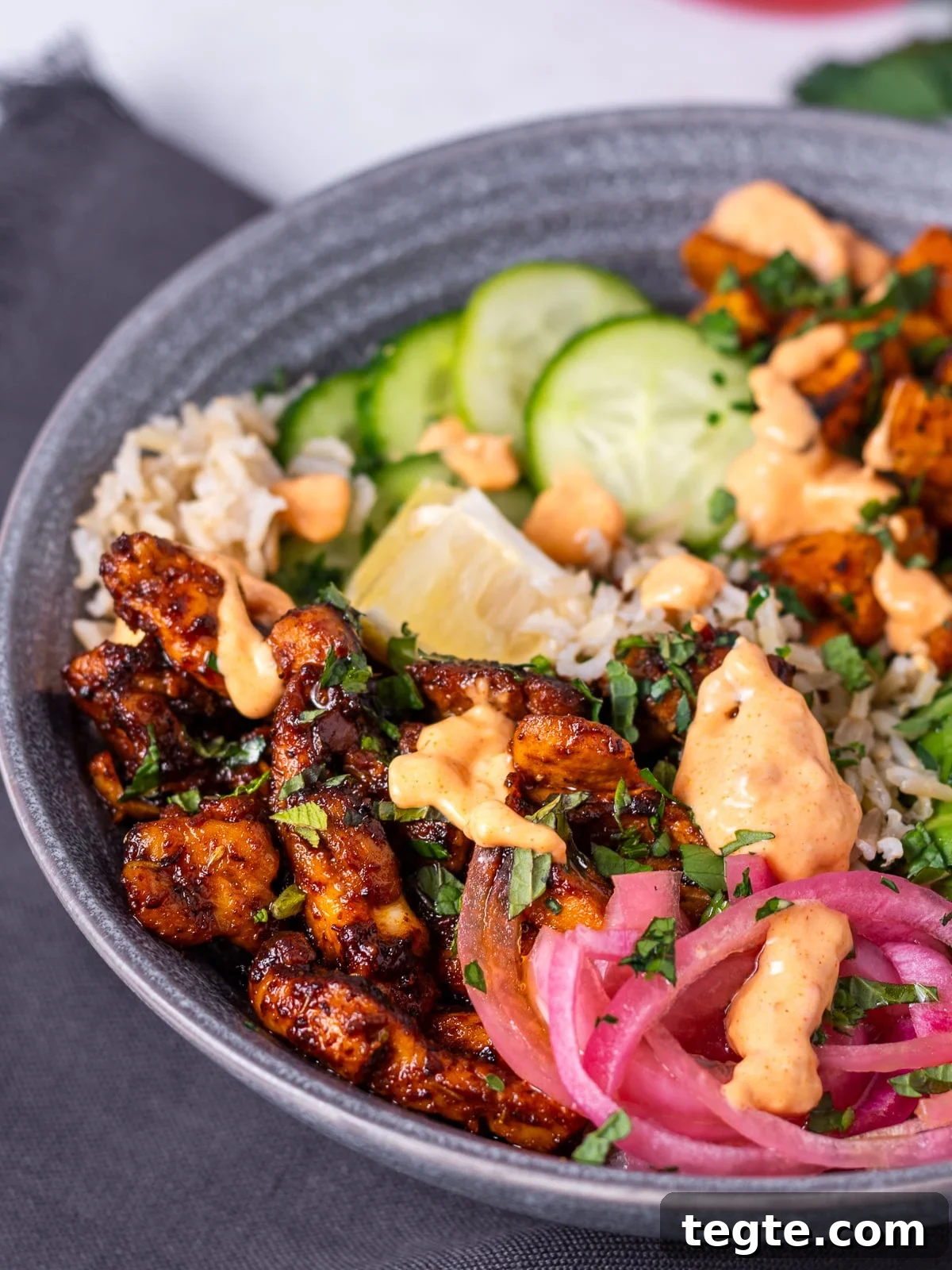 Honey Harissa Chicken Rice Bowls with Roasted Veggies 3 honey harissa chicken with harissa aioli