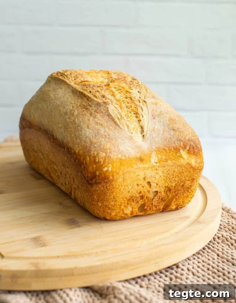 A loaf of sourdough bread that was baked in a loaf pan sits on a cutting board.
