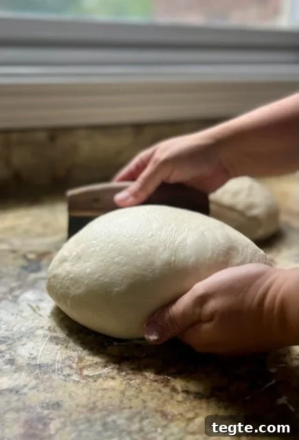 A bench scraper is used to lift up a shaped piece of dough.