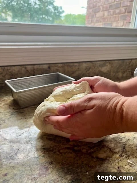 Hands lift and shape dough on a kitchen counter.