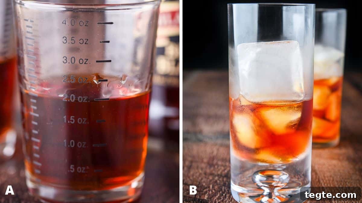 Measure out 4 ounces of rum and pour it into the ice-filled glasses