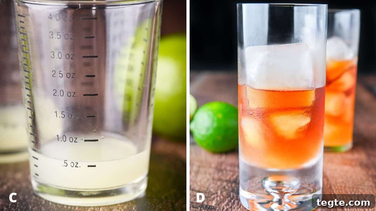 Measure out 1 ounce of fresh squeezed lime and pour it into the ice-filled glasses
