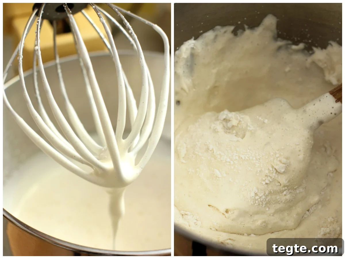 2 photo collage - whipped eggs in beater bowl, folding flour into eggs.