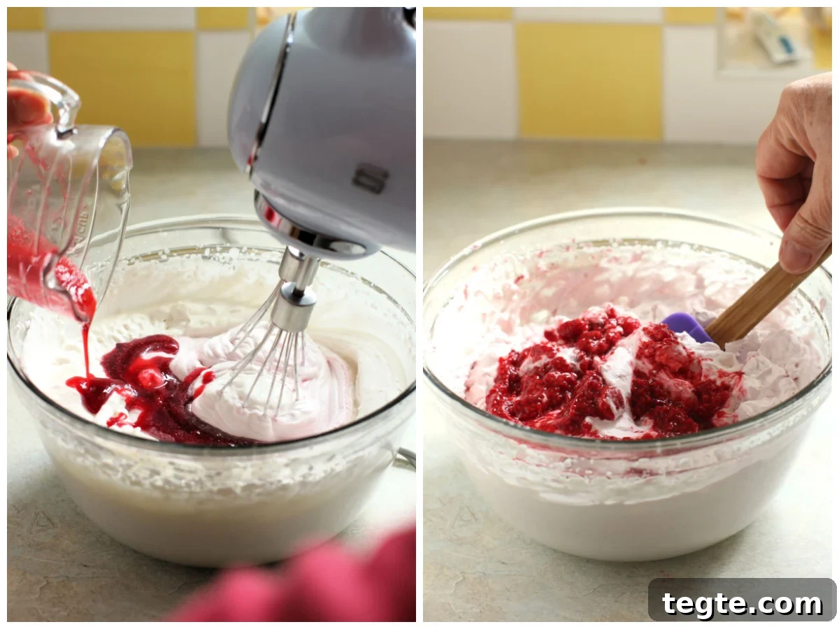 2 photo collage - pouring the gelled raspberry juice into the beating egg whites in bowl, folding in the raspberries.