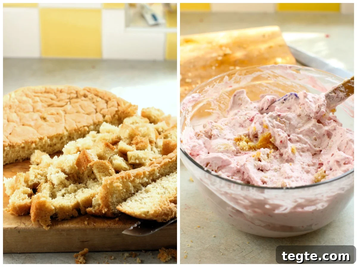 2 photo collage - cutting the sponge cake into cubes, folding the sponge cake cubes into the raspberry whipped cream.