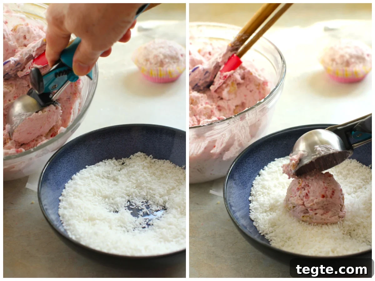 2 photo collage - scooping the raspberry cream out of the bowl, dropping the scoop into the bowl of shredded coconut.