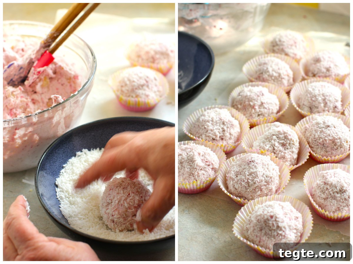 2 photo collage - rolling the ball of raspberry cream in the shredded coconut, paper cupcake liners filled with Schneeballen.Gluten