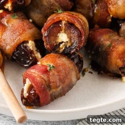 A closeup photo of bacon-wrapped dates