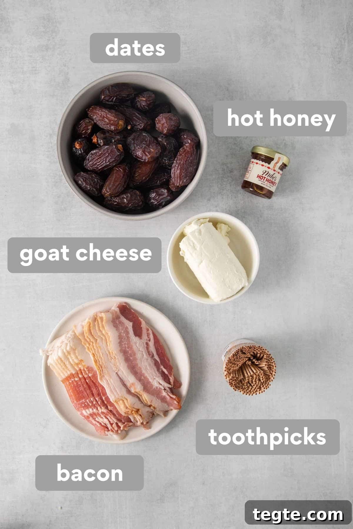 Ingredients for bacon-wrapped dates on a countertop
