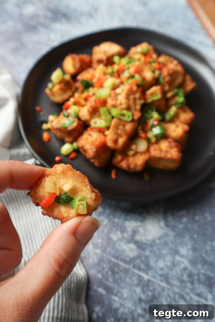 Crispy Salt-and-Pepper Tofu Made in the Air Fryer 5 hand holding air fryer salt and pepper tofu topepd with green onion, thai chili, and garlic