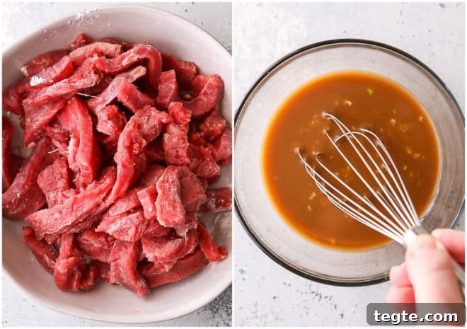 marinating beef and whisked sauce