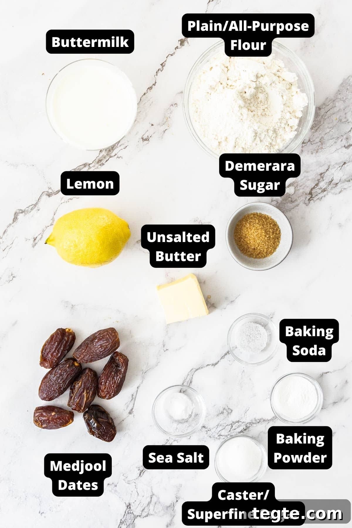 Chewy Date and Zesty Lemon Scones Recipe 3 Ingredients in this recipe on a white marble background.