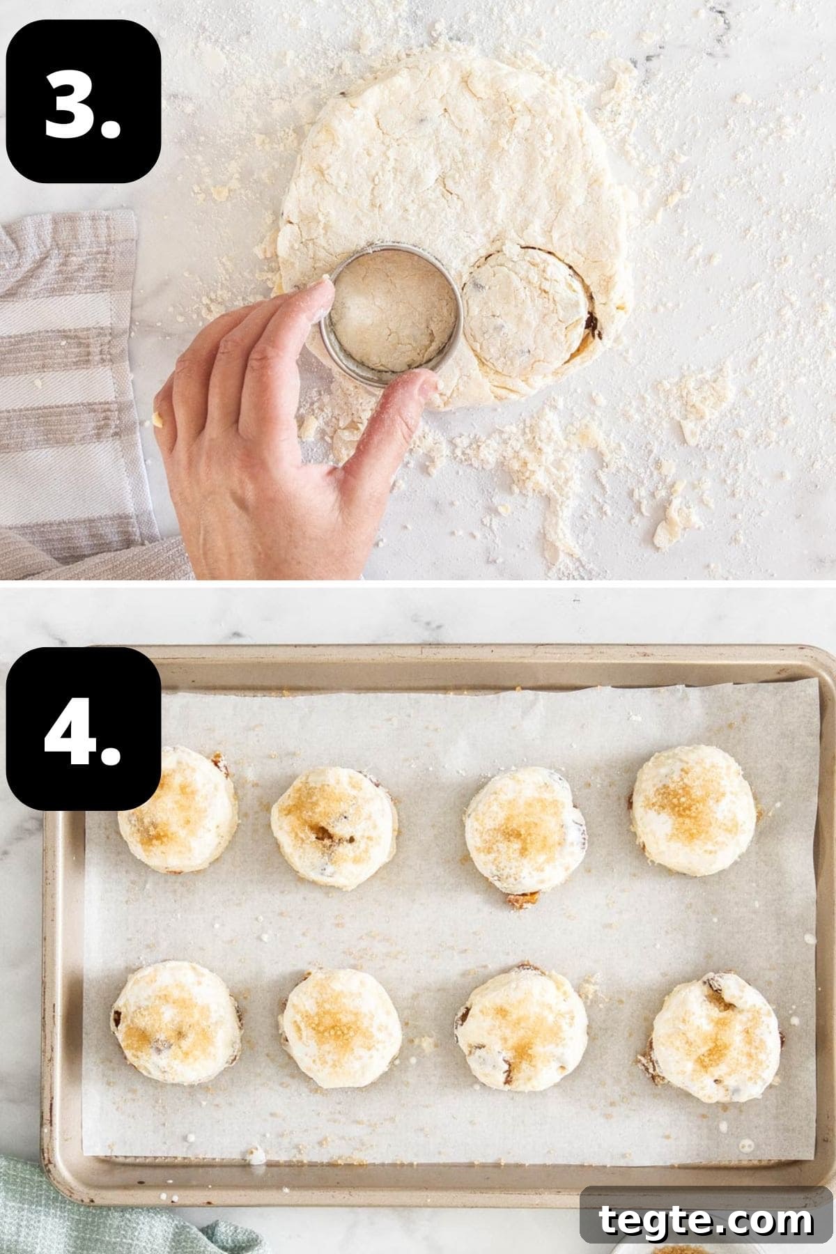 Chewy Date and Zesty Lemon Scones Recipe 6 Cutting the scones out of the mixture and the scones on a baking tray, sprinkling with some sugar.