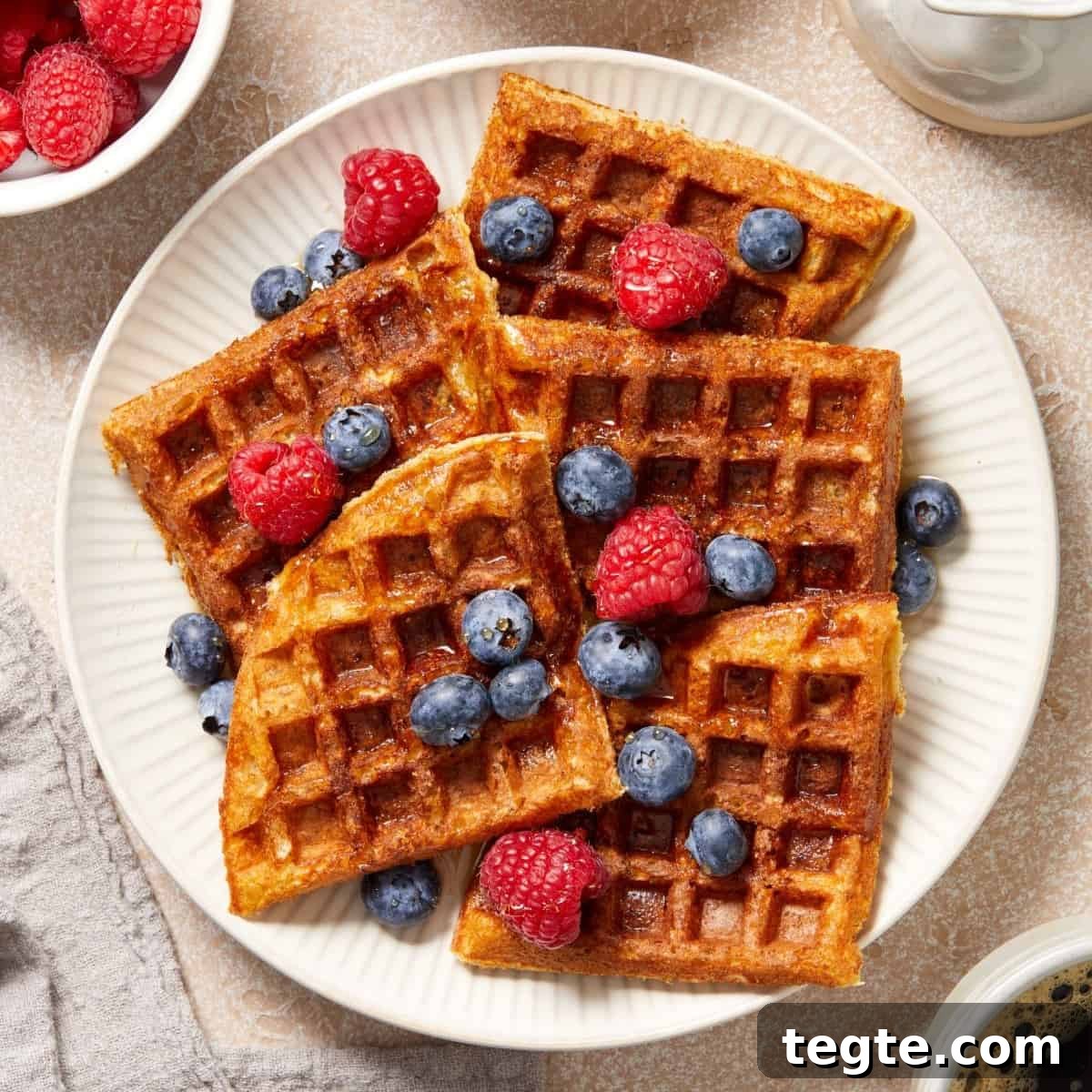 Round white plate with a serve of oat flour waffles, garnished with some raspberries and blueberries.