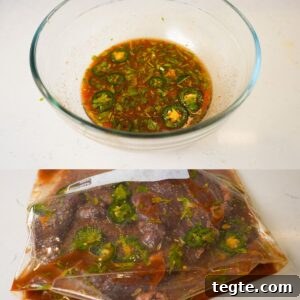 Fajita marinade in a bowl and ziplock with steak.