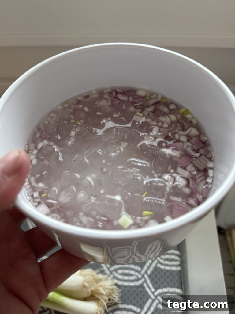 Lemon Pepper Parsley Dip with Shallots — Zesty Herb Sauce for Veggies 4 Shallots in an ice bath