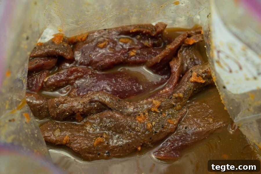 Drunken Spiced Venison Jerky Recipe 8 Habanero deer jerky marinating in plastic bag