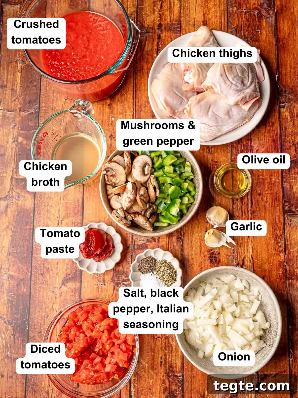 Ingredients needed to make chicken cacciatore.