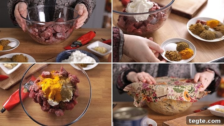 4 image collage of marinading beef for beef curry