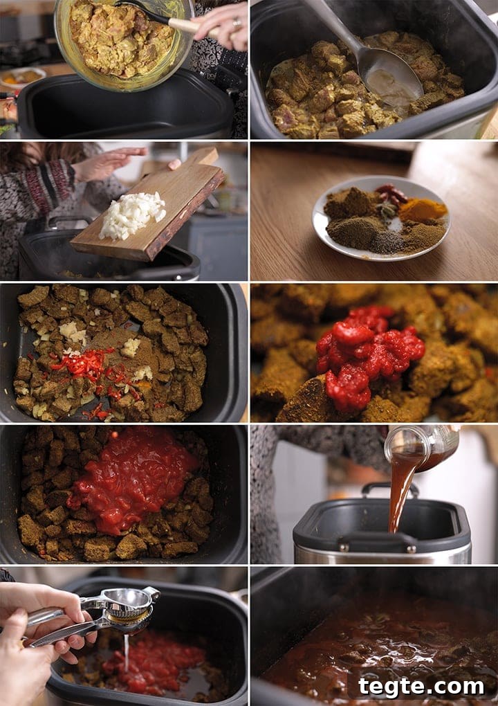 10 image collage showing how to make lighter slow cooked beef curry