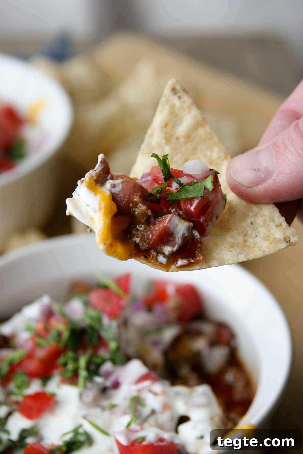 tortilla chip with 7 layer chili dog dip