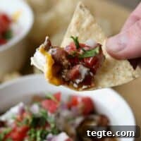 tortilla chip with 7 layer chili dog dip