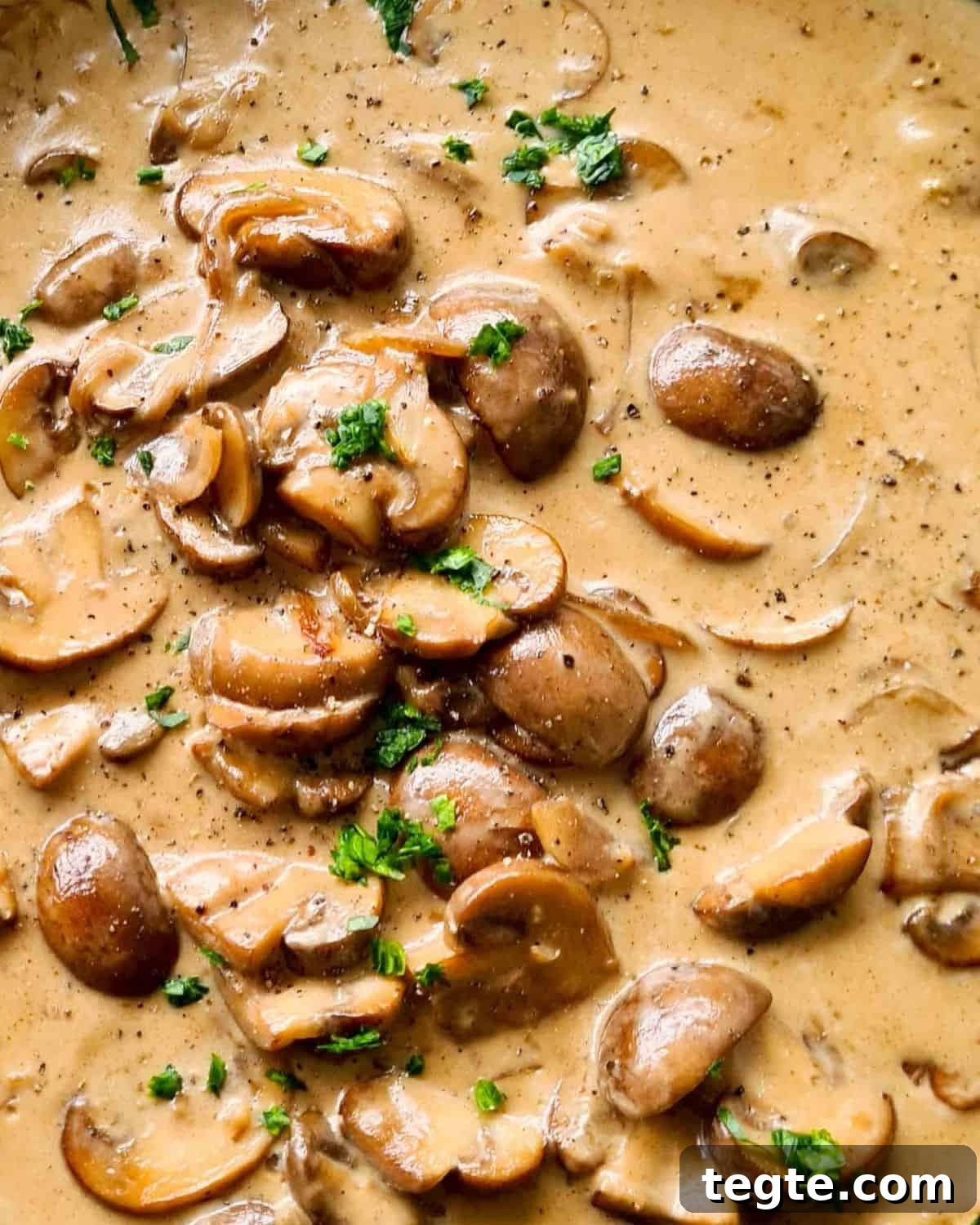 Rich and Velvety Mushroom Sauce Recipe for Pasta and Steak 2 Close up of caramelised mushrooms in creamy sauce sprinkled with fresh finely chopped parsley