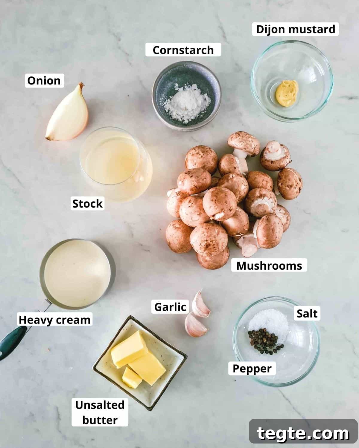 Rich and Velvety Mushroom Sauce Recipe for Pasta and Steak 3 All ingredients required to make this recipe, labeled