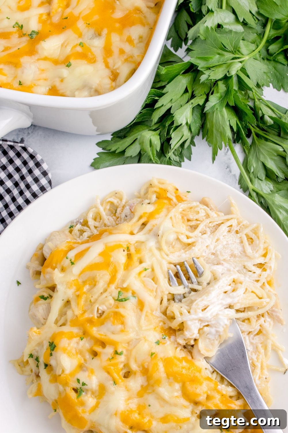 Chicken Tetrazzini on a plate with more in a casserole dish behind it on table 