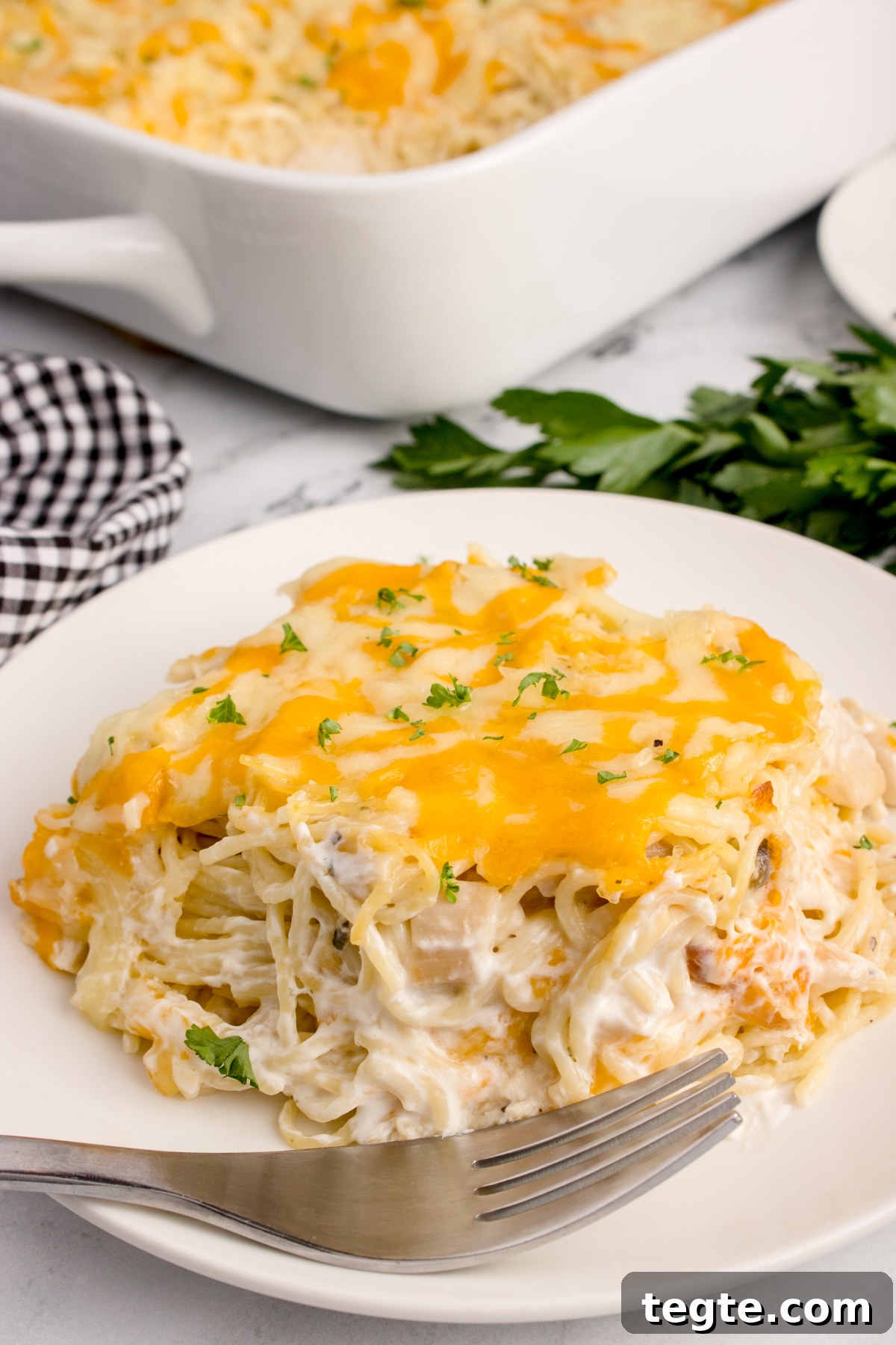 Chicken Tetrazzini on a plate with more in a casserole dish behind it on table 