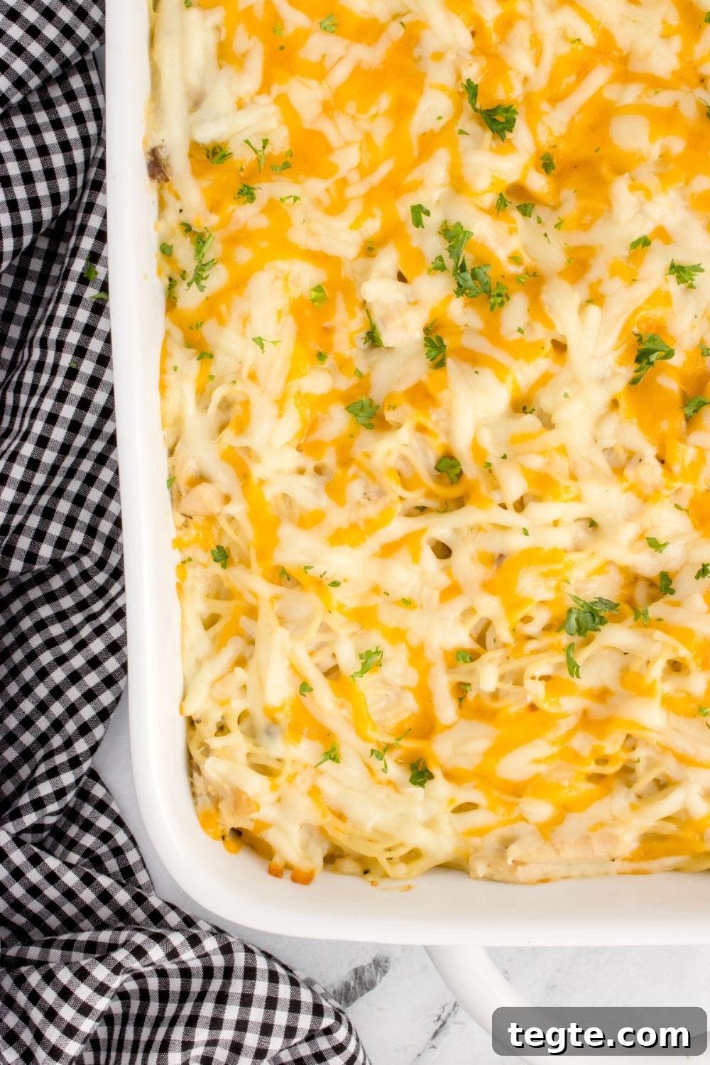 overhead look of chicken tetrazzini in pan on table 