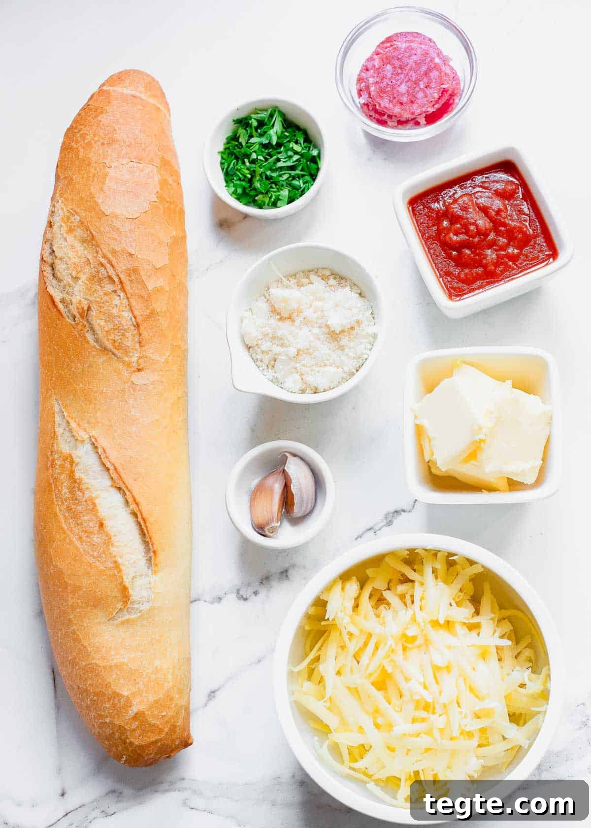 Crispy Garlic Pizza Bread Recipe: Cheesy, Golden & Fast 3 The ingredients for a french bread pizza.
