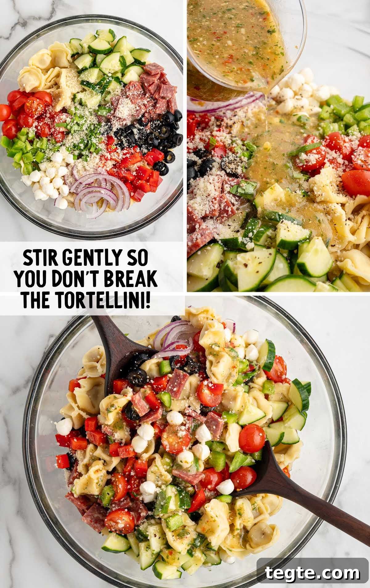 Step-by-step images showing ingredients arranged in a bowl, dressing poured over, and tortellini pasta salad being mixed.