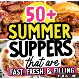 A collage of colorful summer dinners—chicken, burgers, pasta, and skewers—surrounds bold text: 50+ Summer Dinners That Are Fast, Fresh, and Filling.