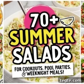 A collage of various colorful salads surrounds a central text that reads “70+ Summer Salads for cookouts, pool parties, & weeknight meals!”