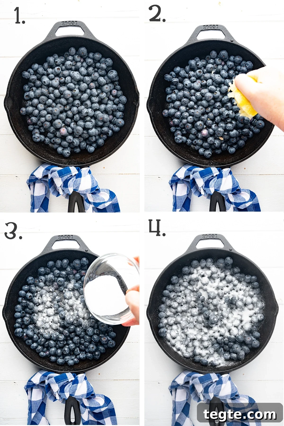 Low-Carb Blueberry Cobbler (Gluten-Free, Sticky Sweet) 5 four panel photo showing how to prep the blueberries for the cobbler recipe. The blueberries are in a black cast iron pan sitting on a bright white wooden background.