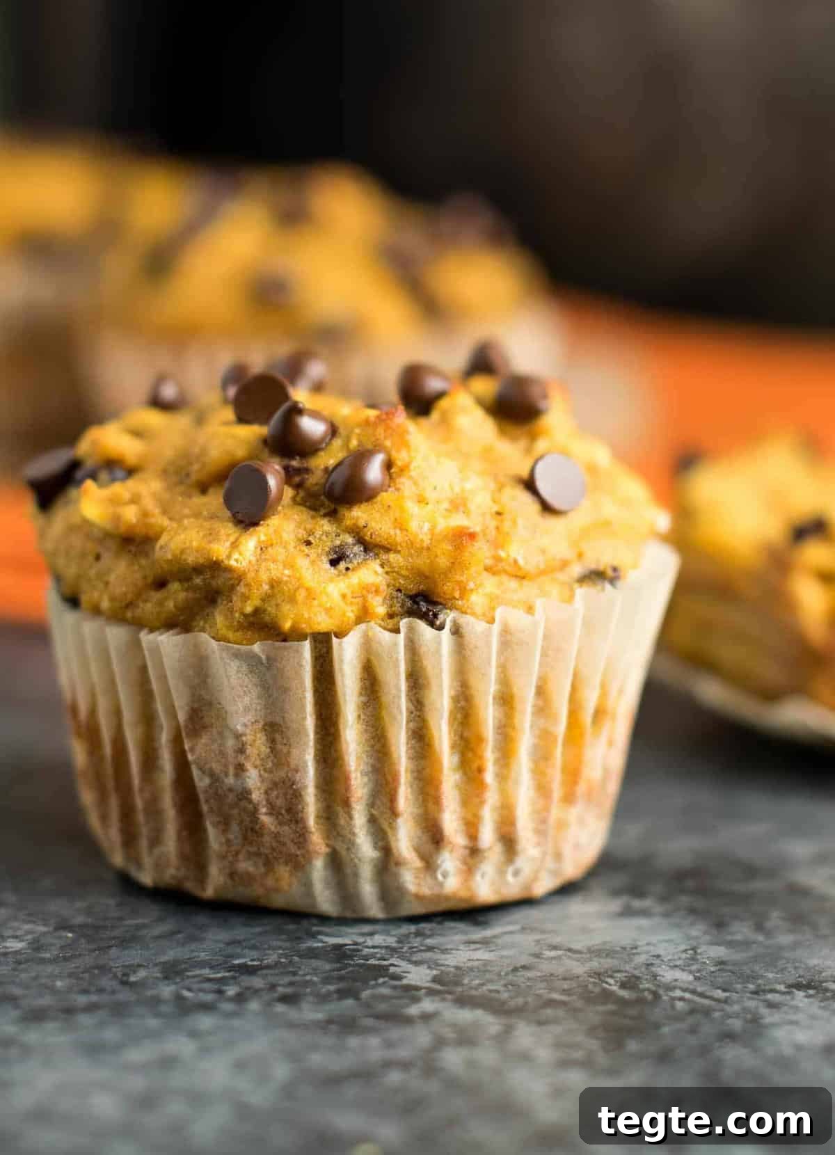 Pumpkin Chocolate Chip Muffins That Stay Moist and Flavorful 17 Skinny Pumpkin Chocolate Chip Muffin close up