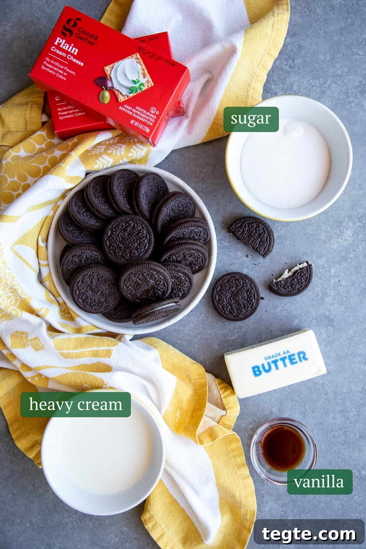 Ingredients for Oreo cheesecake bites recipe. Ingredients for Oreo cheesecake bites recipe.