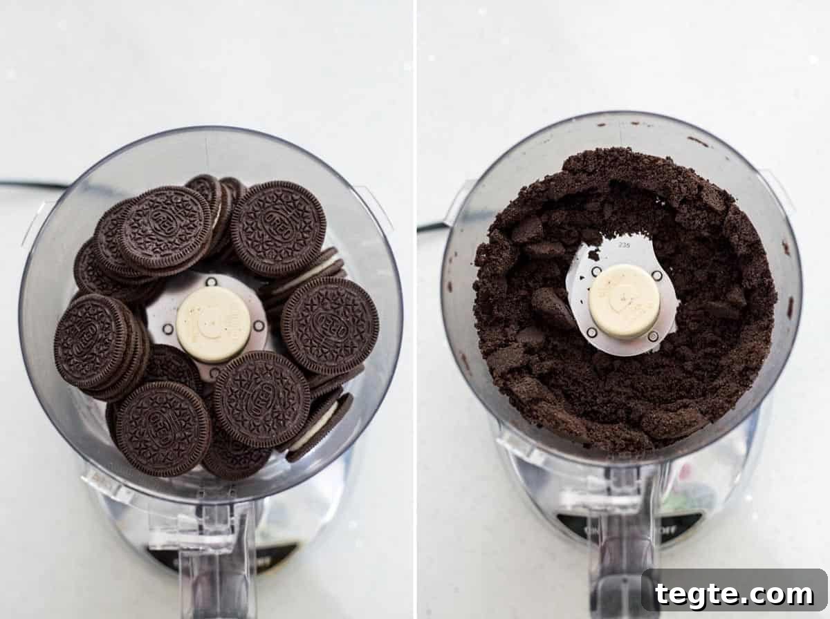Collage of 2 photos showing how to make Oreo crumbs in food processor. Collage of 2 photos showing how to make Oreo crumbs in food processor.